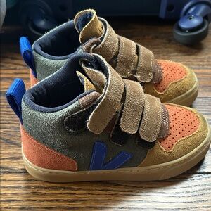 Veja Kids Suede High-Top Sneakers in Olive, Rust & Tan with Blue Accents